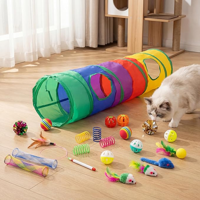 iCAGY 25 Pcs Cat Toys for Cats, Indoor Kittens - Interactive Variety Pack, 45 inches Rainbow Cat Tunnel, Feather Teaser, F...