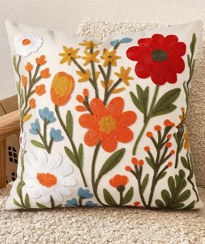 Kokaaee Embroidered Throw Pillow Cover 18x18 Inch - Spring Summer Boho Decorative Pillow Cover with Zipper for Living Room...