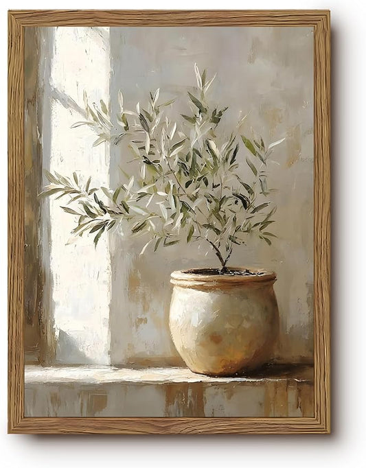 Vintage Framed Olive Tree Canvas Wall Art, Neutral Botanical Pictures Wall Decor, Rustic Potted Plant Paintings Prints, Or...