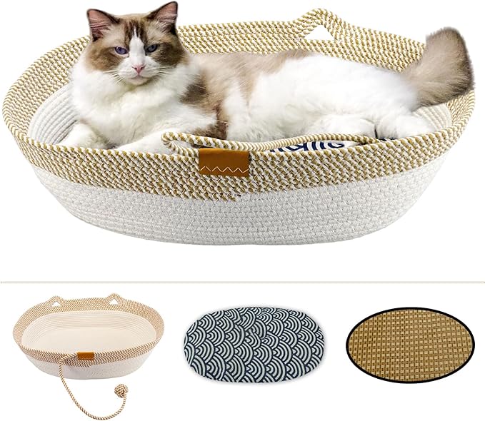 Pet Beds for Cats, Cat Beds for Indoor Cats 19.69"×13.78"×6.30",Cotton Rope Oval Cat Bed for All Seasons (with Cooler Stra...