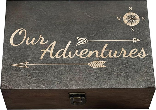 Dark Walnut Wooden Keepsake Box Our Adventures - 8.5x6x3in, Ideal for 5th Anniversary, Elegant Memory Box for Couples, Tra...