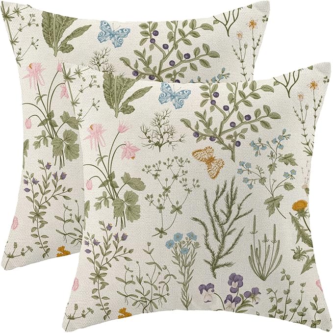 AEIOAE Spring Pillow Covers 20x20 Inch Set of 2,Sage Green Wild Flower Plant Throw Pillows Case,Seasonal Floral Outdoor De...