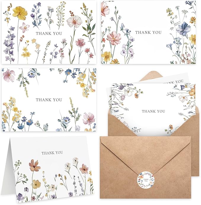 XXINMOH 102 PACK Floral Thank You Cards With Envelopes (4"x6") - Wildflower Blank Cards With Adhesive Envelopes & Matching...
