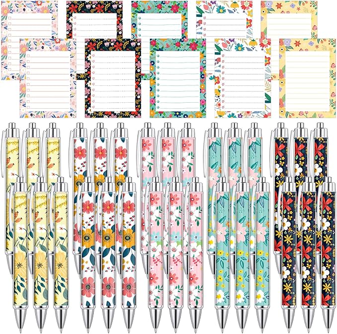 Kosiz 60 Pcs Flower Notepads with Pens Floral Sticky Notes Funny Ballpoint Pens Bulk Floral to Do List Memo Pads for Flowe...