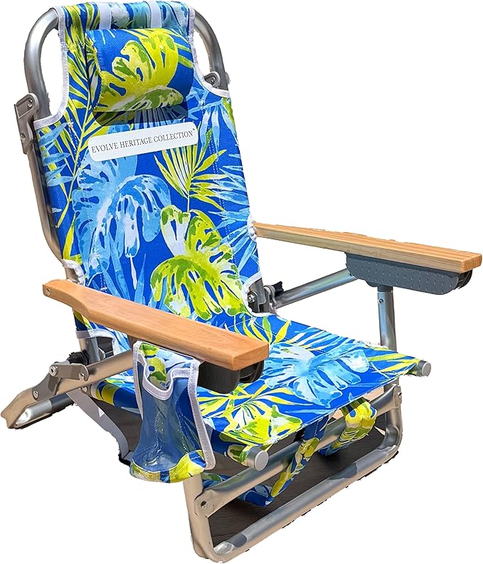 Evolve Heritage Collection Premium Kids Beach Chair w/Wood Arms & Backpack Carry - Ultra-Lightweight, Foldable, Reclining,...