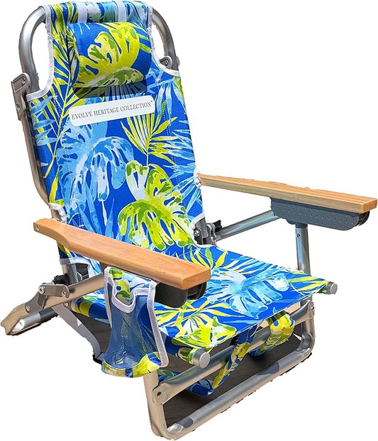 Evolve Heritage Collection Premium Kids Beach Chair w/Wood Arms & Backpack Carry - Ultra-Lightweight, Foldable, Reclining,...