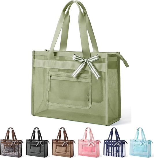BAGSMART Mesh Beach Bag with Zipper Pocket, Large Beach Tote Bags for Women | for 40 oz Bottle, Removable Ribbon Bow, Sand...