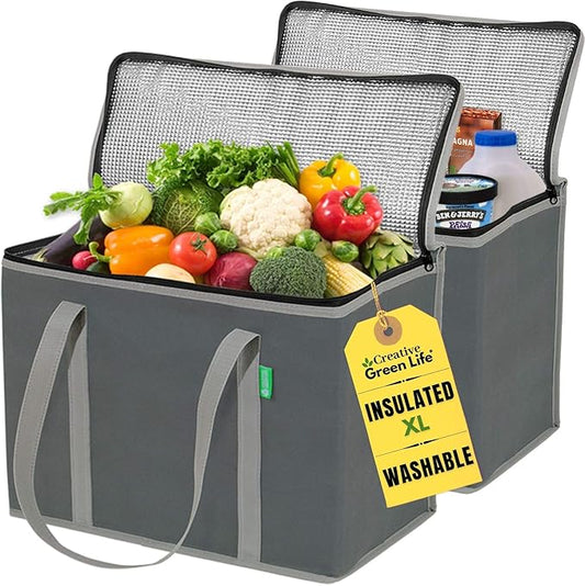 Creative Green Life XL Insulated Reusable Grocery Bags (2-Pack) - Premium Quality Cooler Bags with Hard Bottom Insert, Sta...