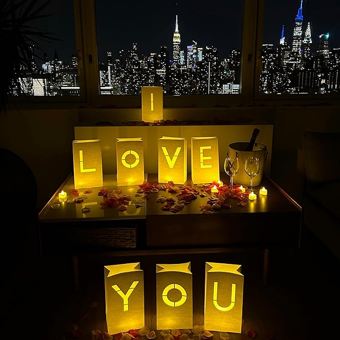 WYMM I Love You Light Up Letters with 30 Tea Lights Candles and 1000 Red & Pink Rose Petals - Luminary Bags for Anniversar...