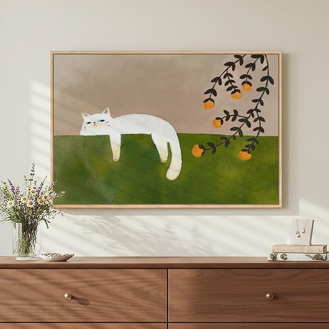 Framed Neutral and Green Wall Art for Bedroom Decor, Large Cozy Cat Canvas Painting Artwork for Room Walls, Green Picture ...