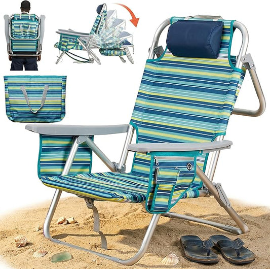 ALPOME Aluminum Backpack Low Profile Beach Chair - 5-Position Lay Flat Reclining Folding Chair with Removable Cooler Bag -...