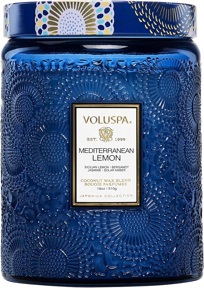 Voluspa Mediterranean Lemon Candle Jar, 18 oz, Coconut Wax Blend, Large Scented Candles for Home, 100 Hour Burn Time, Pour...