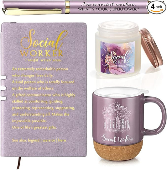 Baderke 4 Pcs Social Worker Graduation Gifts in Lavender, 15 Oz Mug Notebook Pen Candle Gift Set for BSW MSW DSW, Social W...