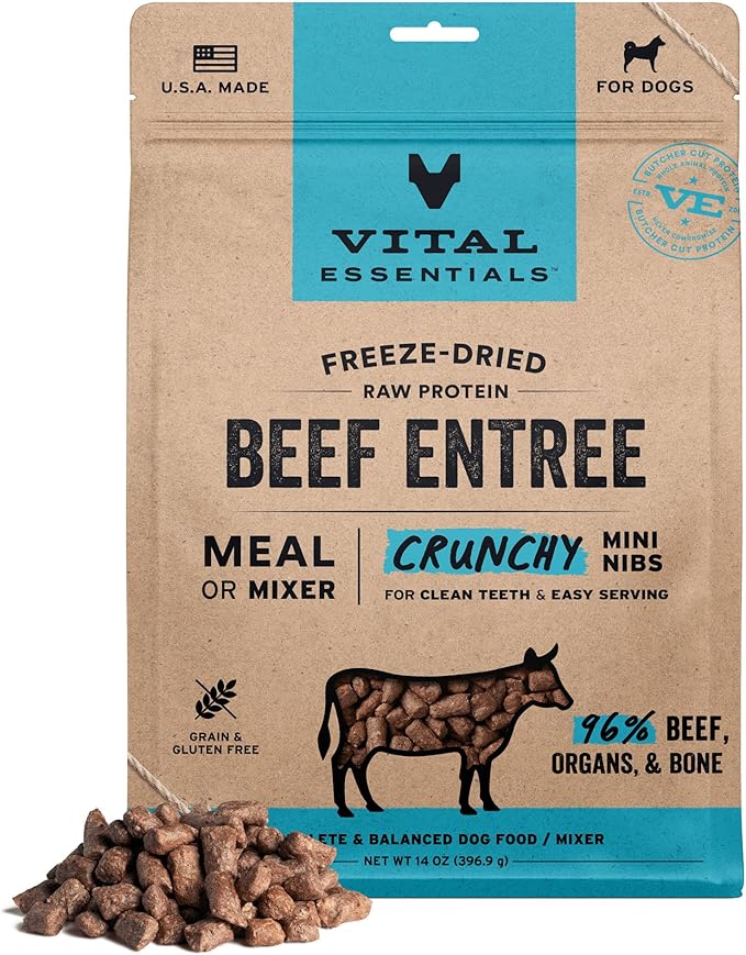 Vital Essentials Freeze Dried Dog Food, Raw Beef Crunchy Mini Nibs | Complete Meal or Topper | 96% Beef, Organs & Bone | L...