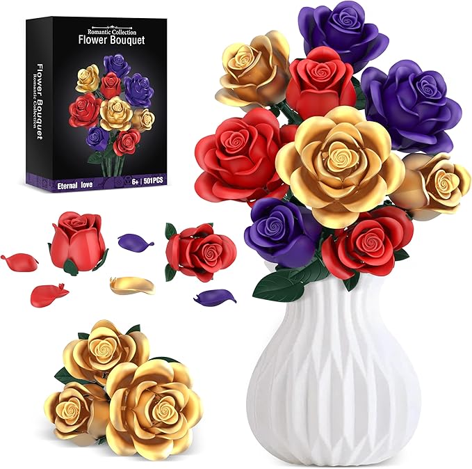 Rose Bouquet Flowers Building Set, 501Pcs Red Purple Golden Roses Artificial Flowers Botanical Collection Compatible with ...