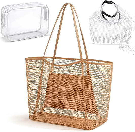 Hsei 3 Large Mesh Beach Bag Tote Set for Women, Khaki Collapsible Tote, Includes Waterproof Swimsuit Dry Bag & Clear Cosme...