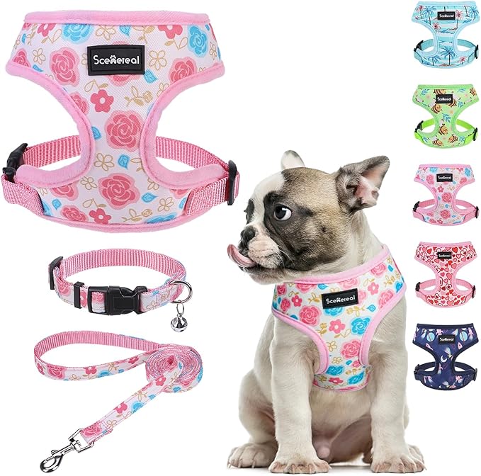SCENEREAL Small Dog Harness Collar and Leash Set, Adjustable No Pull Pet Harnesses, No Chock Soft Mesh Vest for Doggie Pup...