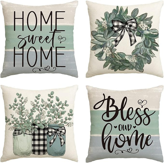 AVOIN colorlife Fall Sweet Home Eucalyptus Lamb Ear Wreath Throw Pillow Covers, 18 x 18 Inch Bless Our Home Buffalo Plaid ...
