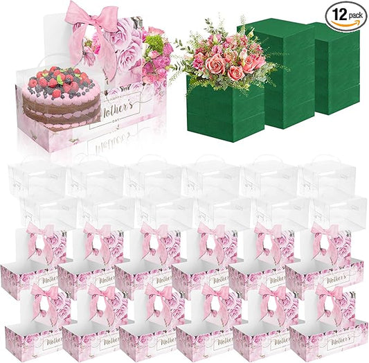 12 Set Mother's Day Cake Flower Gift Boxes with 12 Pcs Transparent PVC Cake Boxes 12 Floral Foam Ribbon Set Flower Bouquet...