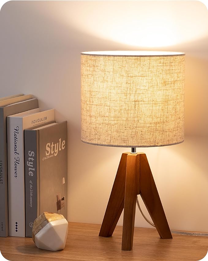 EDISHINE Tripod Table Lamp, Small Cute Bedside Lamp with Linen Beige Lampshade, Nightstand Lamp for Nursery, Bedroom, Kid ...