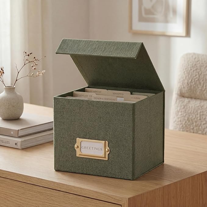 ZICOTO Beautiful Greeting Card Organizer Box With Dividers - Sturdy Linen Storage Box Easily Organizes All Your Greeting C...