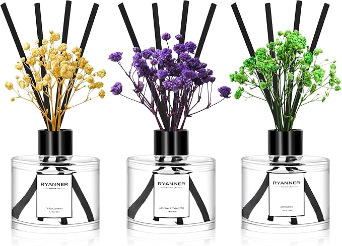 RYANNER Reed Diffuser Set of 3 Pack,Lavender Eucalyptus/White Jasmine/Lemongrass Scented Oil Diffuser with Sticks(1.7 fl o...