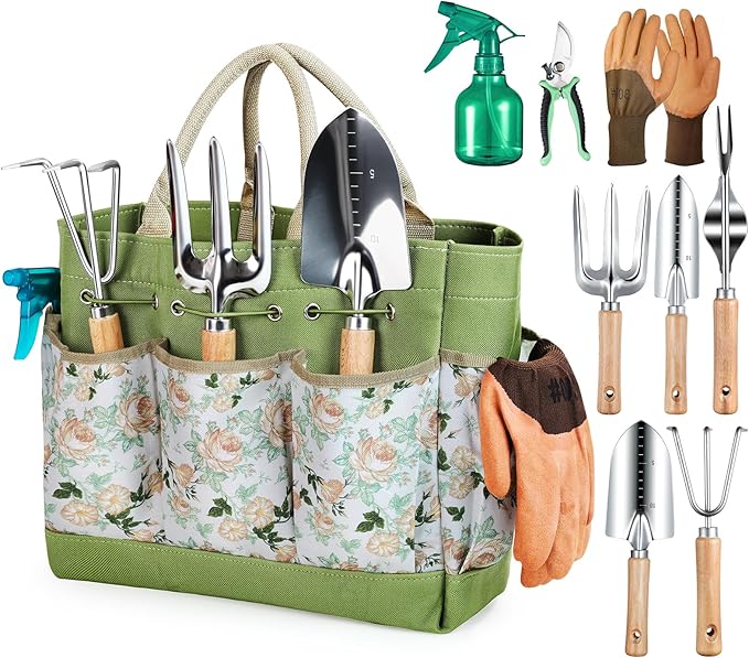 Grenebo Gardening Tools 9-Piece Heavy Duty Garden Hand Tools with Fashion and Durable Garden Tools Organizer Handbag, Rus...