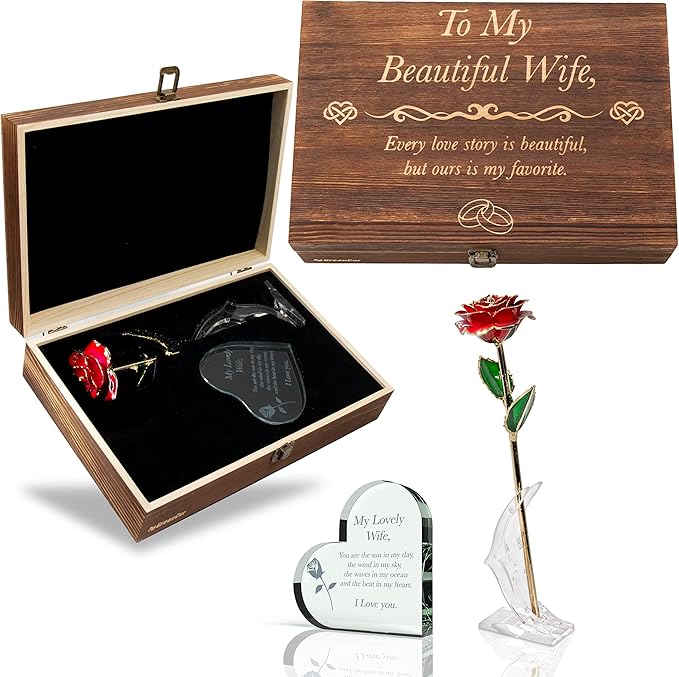 GreenCor Anniversary for Wife Engraved Wooden Gift Set 'To My Beautiful Wife' Includes Crystal Engraved Heart 24K Gold Dip...