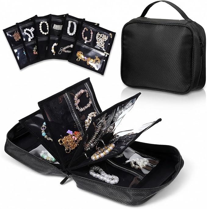 Waterproof Anti-Tarnish Travel Jewelry Organizer Case with Multiple Clear Zipper Pockets, Large Capacity Foldable Jewelry ...