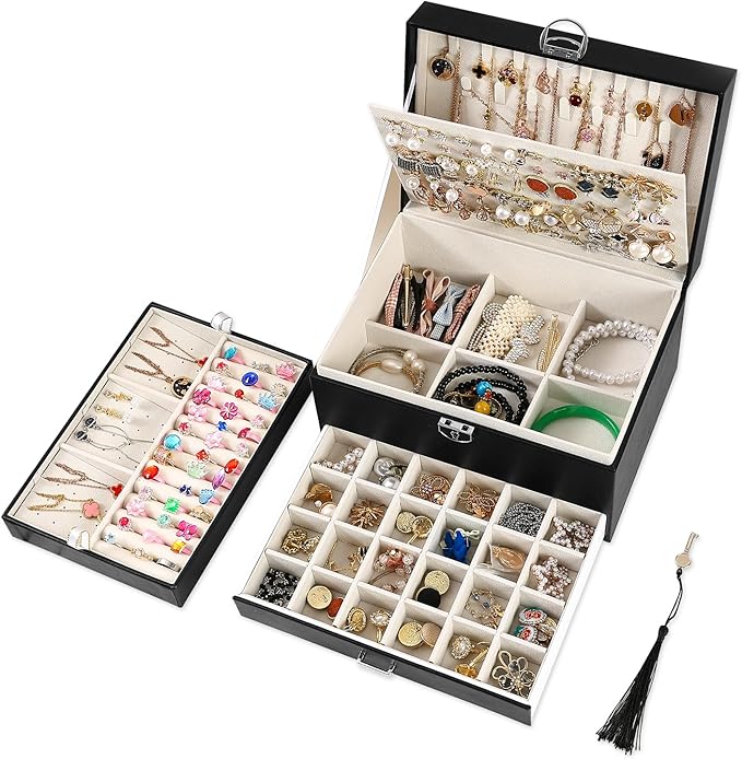 BOOVO Earring Jewelry Box For Women Girl Stud Organizer, 5 Layers Girl Jewelry Organizer Box With Lock Earring Holder Orga...