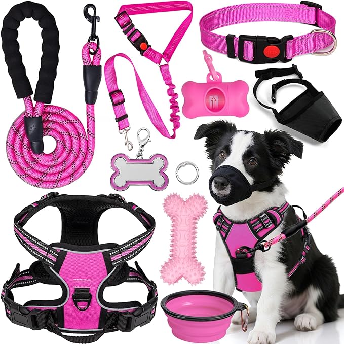 YXFDOYT No Pull Dog Harness Adjustable Collar & Leash Set - Dog Halter Harnesses Collapsible Bowls & Poop Bag Dispenser Mu...