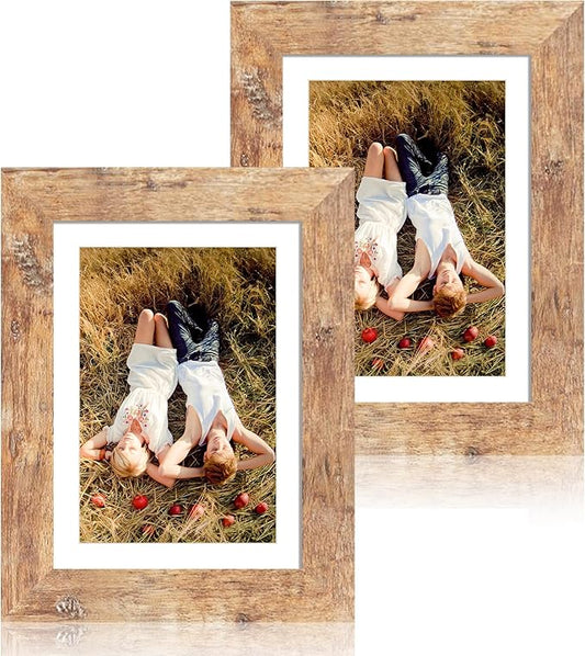 iRahmen 5x7 Picture Frame Set of 2, Rustic Brown Frame with High Definition Glass, Display Pictures 4x6 with Mat or 5 x 7 ...