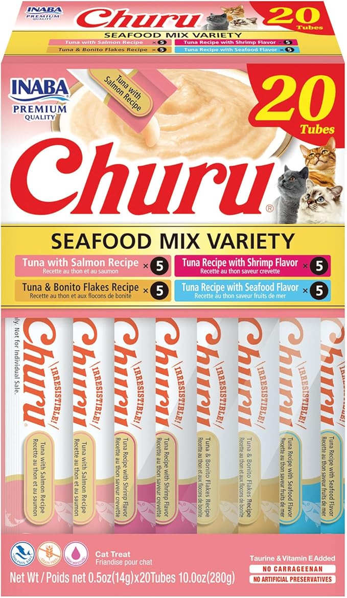 INABA Churu Cat Treats, Lickable, Squeezable Creamy Purée Cat Treat with Green Tea Extract & Taurine, 0.5 Ounces Each Tub...