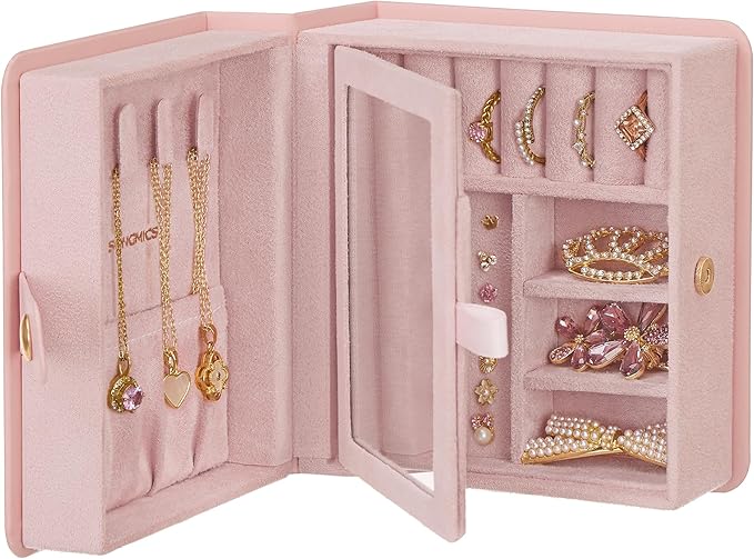 SONGMICS Jewelry Box Organizer with Mirror, Travel Jewelry Case with Pocket for Bracelet, Interlayer, 4.6 x 5.2 x 2.8 Inch...