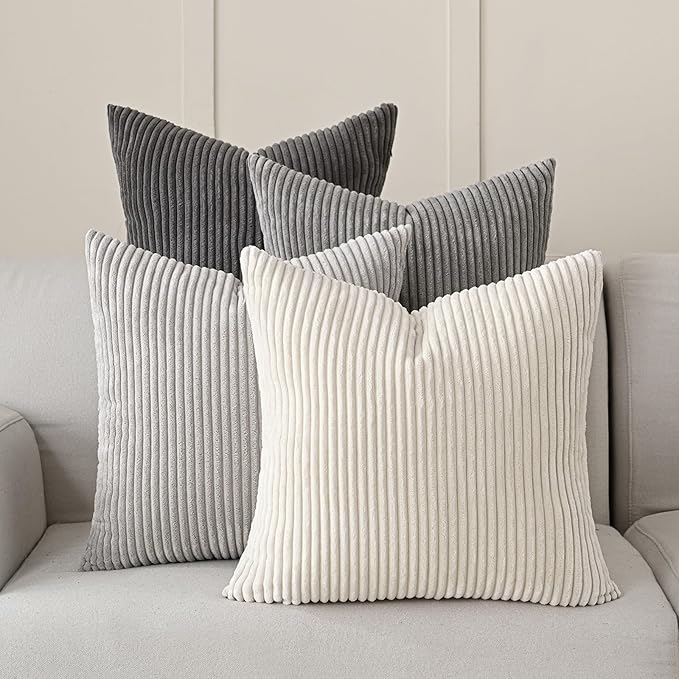 Volcanics Set of 4 Neutral Grey Corduroy Decorative Couch Throw Pillow Covers 18x18 Inch, Western Modern Farmhouse Striped...