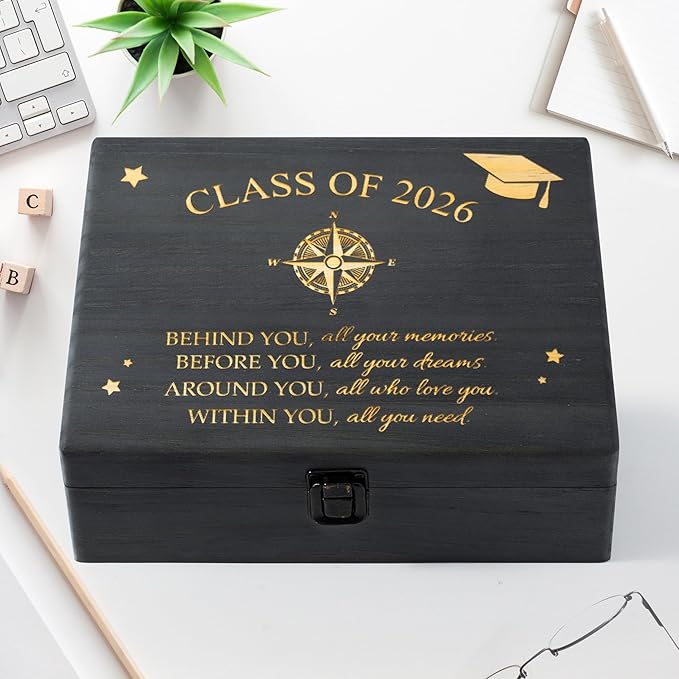 R HORSE Graduation Keepsake Wood Box, Wooden Engraving Memory Box for High School Graduates, Engraved Class of 2026 Gradua...