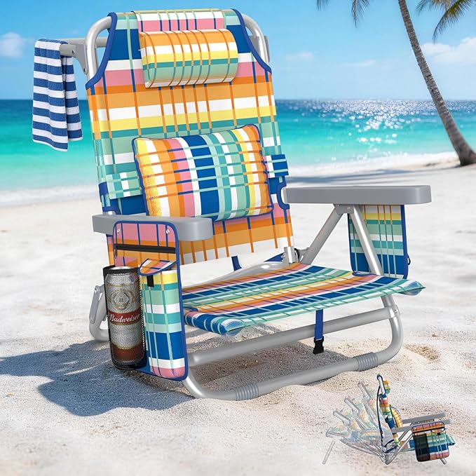 5-Position Backpack Beach Chair for Adults with Lumbar, Foldable Tall Heavy-Duty Beach Chairs with Cooler Bag,Cup Holder,T...