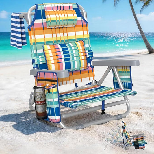 5-Position Backpack Beach Chair for Adults with Lumbar, Foldable Tall Heavy-Duty Beach Chairs with Cooler Bag,Cup Holder,T...