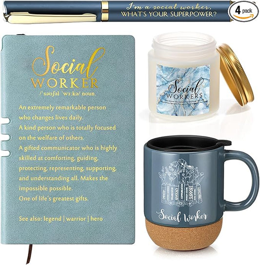 Baderke 4 Pcs Social Worker Graduation Gifts in Morandi Sky Blue, 15 Oz Mug Notebook Pen Candle Gift Set for BSW MSW DSW, ...