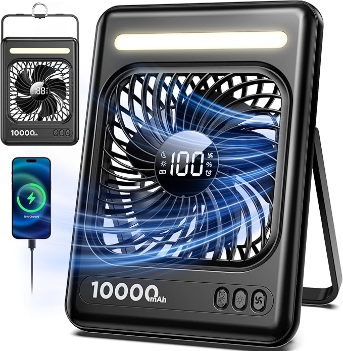 10000mAh Portable Travel Fan, 5 Speeds Strong Wind Cruise Fan with LED Lantern, 24H Runtime Cordless Personal USB Fan, 2/...