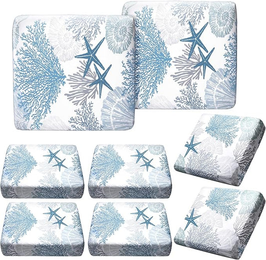 Hosuly 8 Pcs Summer Sofa Cushion Cover Patio Stretch Beach Outdoor Seat Cushions Covers Starfish Seashell Coral Replacemen...