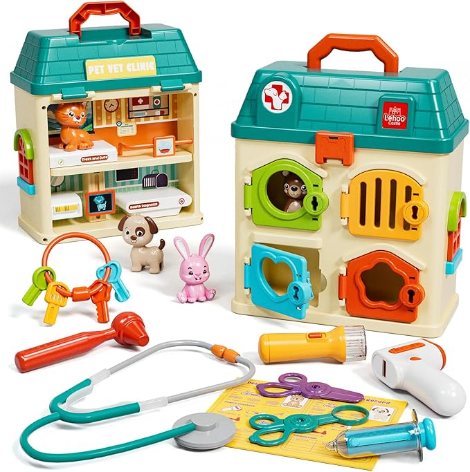 Lehoo Castle Veterinarian Playset for Kids, Pet Vet Toys Doctor Kit for Toddlers 3-5, Critter Clinic Toy with Keys, Pet Ca...