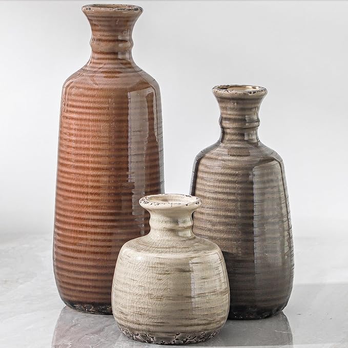 Ceramic Vases Set of 3, Neutral Rustic Farmhouse Vases Home Decor Decorative Flower Vase Modern Boho Pampass Vase for Tabl...