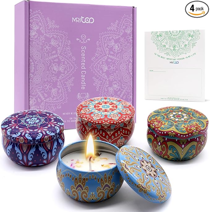 Scented Candles Gift Set for Women 4 Pack Soy Wax Candles with Dried Flowers Reusable Tin Aromatherapy Relaxation Gift for...