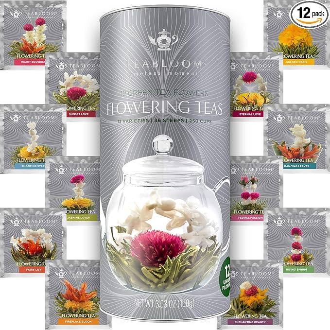 Teabloom Flowering Tea - 12 Unique Varieties of Fresh Blooming Tea Flowers - Hand-Tied Natural Green Tea Leaves & Edible F...