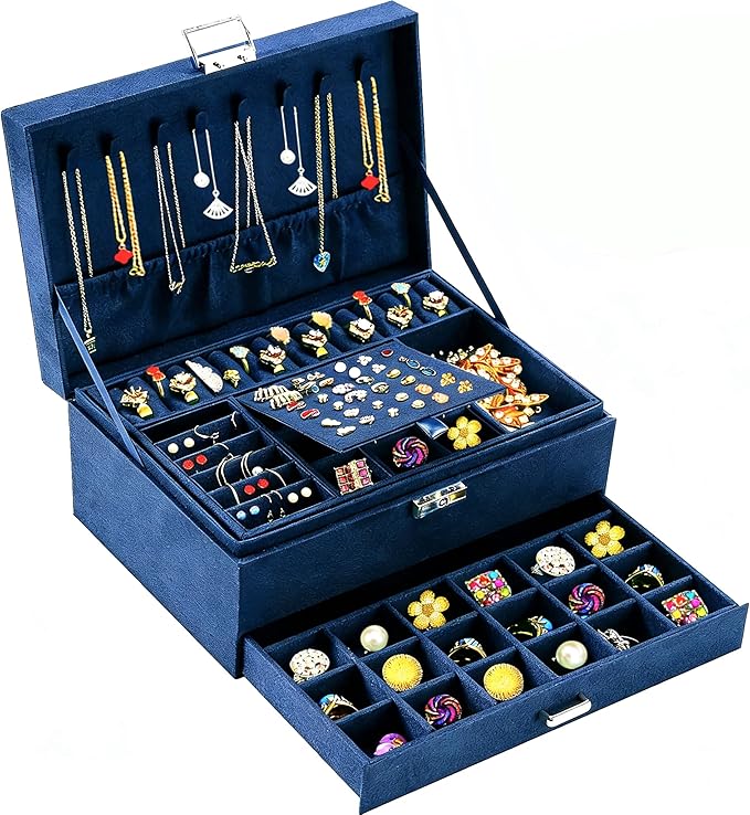 QBestry 3-Layer Jewelry Box for Women with Lock and Key & Drawer, Large Jewelry Organizer with 8 Necklace Hooks & 56 Earri...