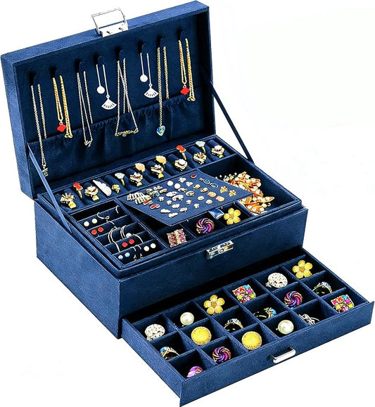 QBestry 3-Layer Jewelry Box for Women with Lock and Key & Drawer, Large Jewelry Organizer with 8 Necklace Hooks & 56 Earri...