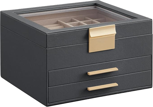 SONGMICS GISELLA Collection - Jewelry Box Organizer, 3-Layer Jewelry Storage with 2 Drawers, Shiny Metal Hardware, Glass L...