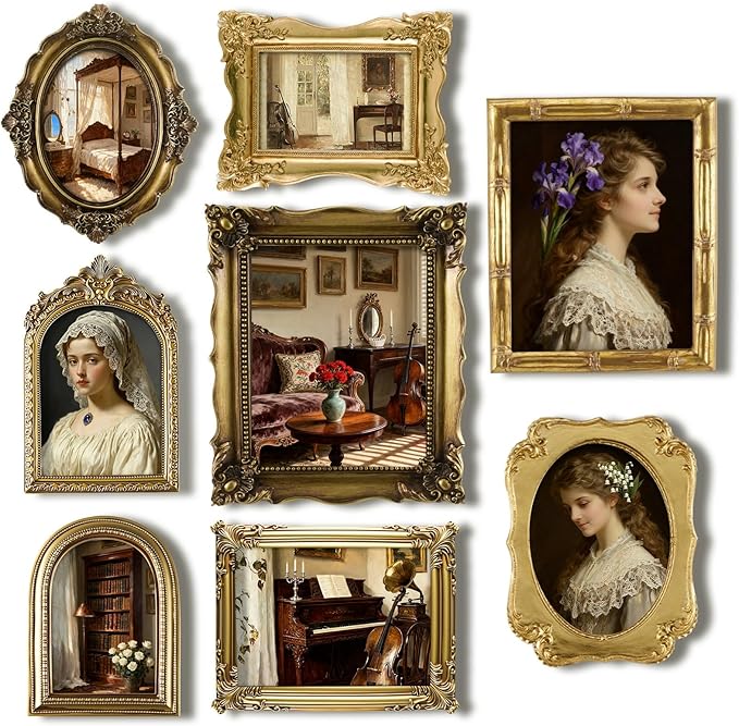 8 Pcs Picture Gold Vintage Gallery Wall Frame Set Antique Resin Picture Frame Collage Including 8x10, 5x7, 4x6 Baroque Vic...