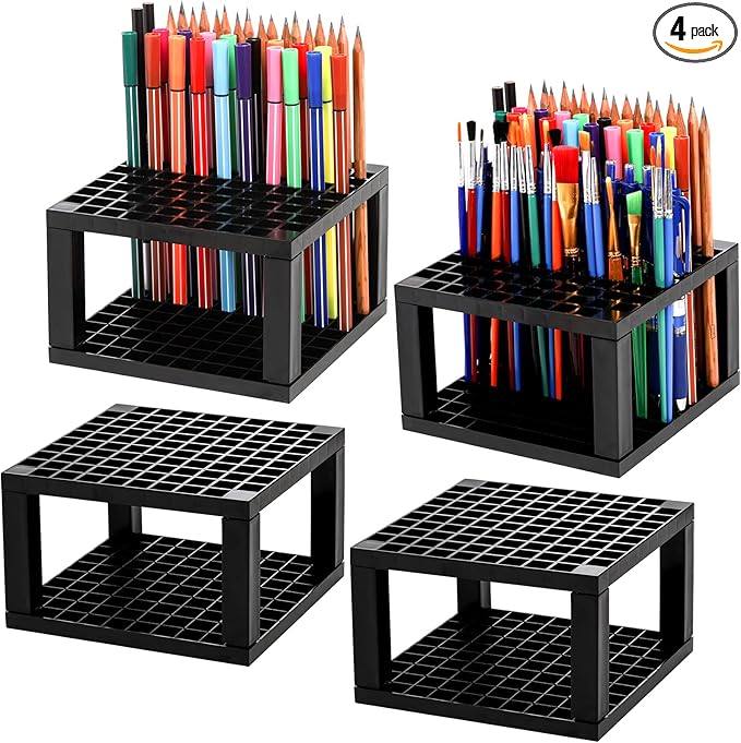 Foraineam 4-Pack 96 Holes Pencil & Brush Holder - Plastic Desk Organizer Stand Holder for Pencils, Pens, Paint Brushes, Mo...